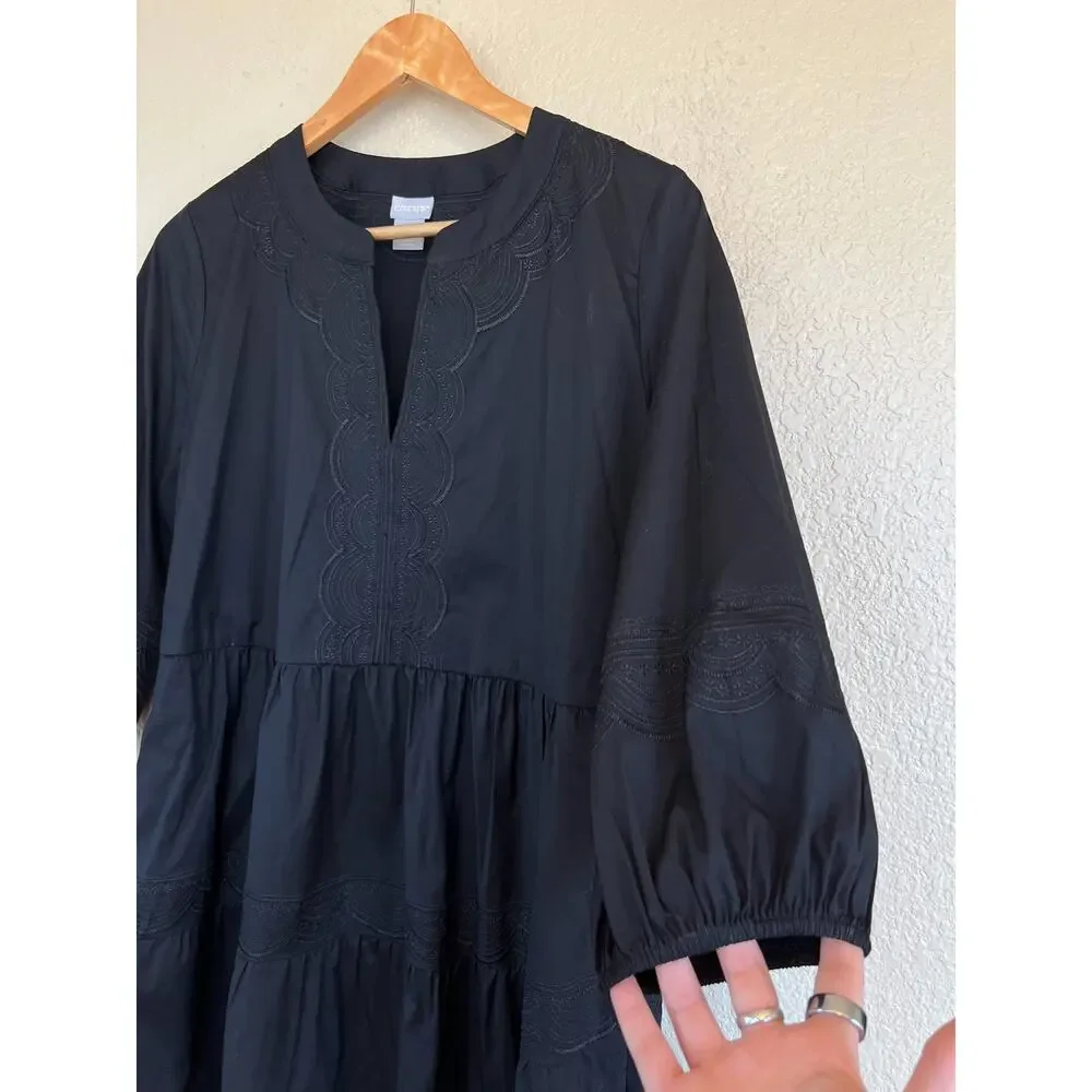 Chico's Women Black Poplin Tiered Mini Dress Black Embroidered Notch Neck 1 8/10 - Picture 4 of 6